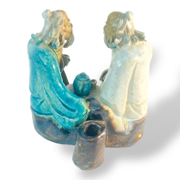 Antique c.1900 Handmade Shiwan Mudmen Two Old Men Seated Drinking Sake Tea - Picture 3 of 15